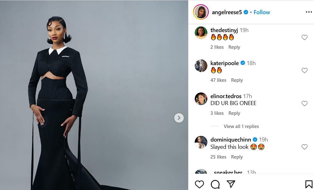Kateri Poole reacts to Angel Reese's 2025 Met Gala outfit on IG. Image via @angelreese5